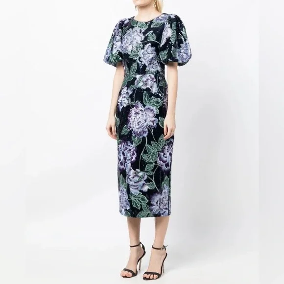MARCHESA NOTTE NAVY FLORAL EMBROIDERED BUBBLE SEQUIN MIDI DRESS - Picture 3 of 8